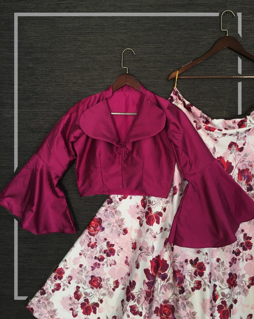 White satin maroon floral printed crop top lehenga