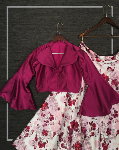 White satin maroon floral printed crop top lehenga