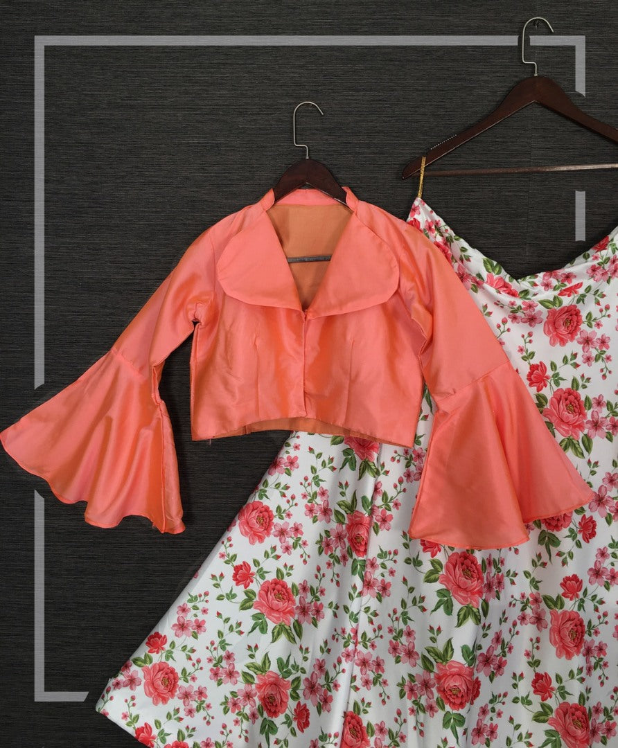 White satin orange floral printed crop top lehenga