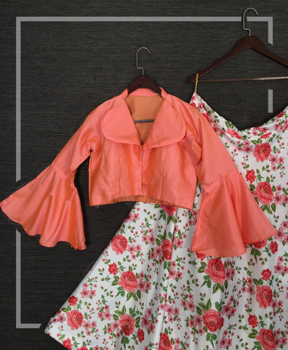 White satin orange floral printed crop top lehenga