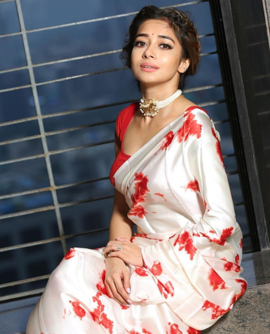 White satin silk digital printed saree