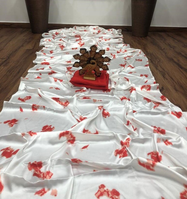 White satin silk digital printed saree