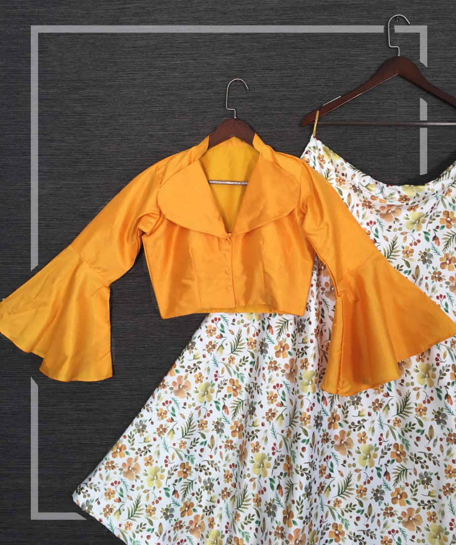 White satin yellow floral printed crop top lehenga