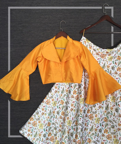 White satin yellow floral printed crop top lehenga