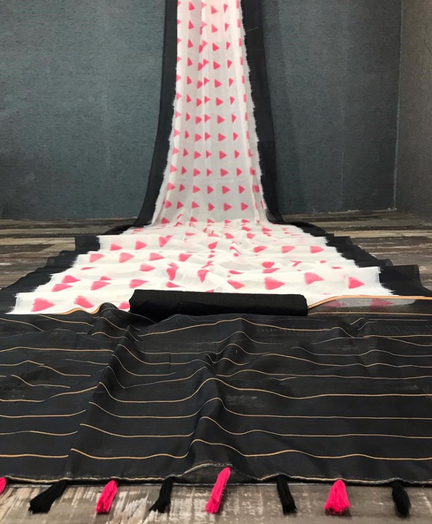 White semi chanderi linen digital printed saree