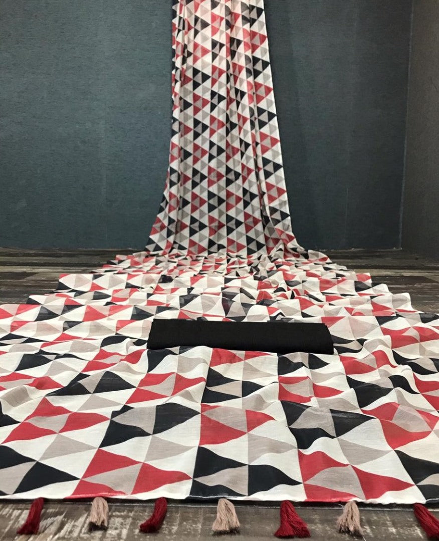 White semi chanderi linen digital printed saree