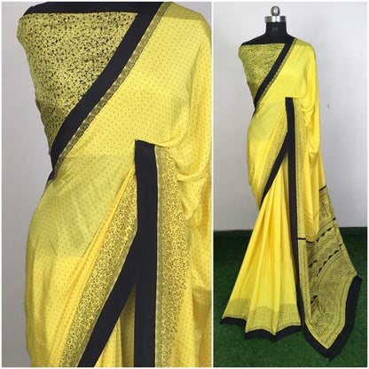 white silk crape printed saree