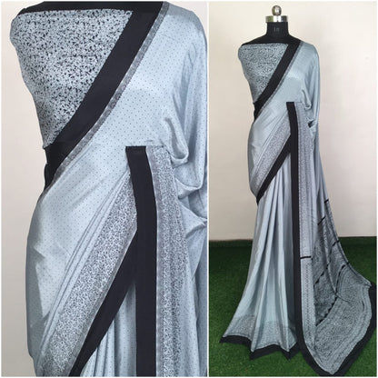 white silk crape printed saree