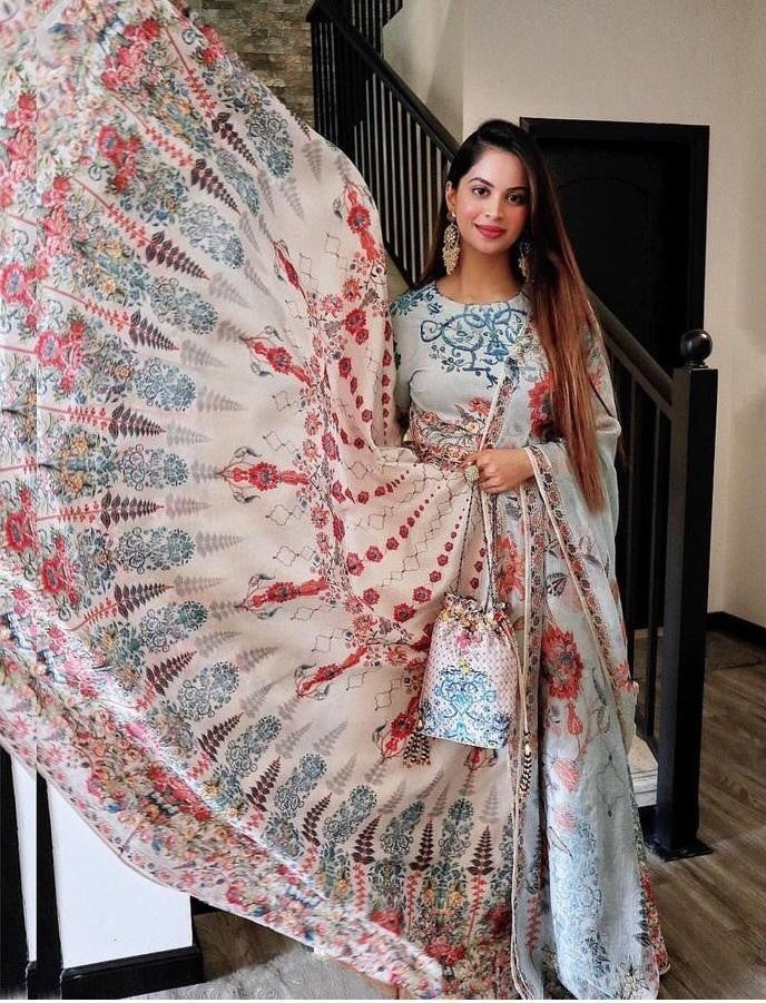 White silk multicolor printed flared lehenga choli