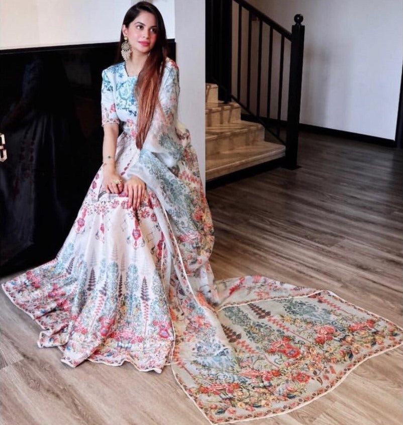 White silk multicolor printed flared lehenga choli