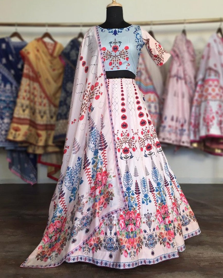White silk multicolor printed flared lehenga choli