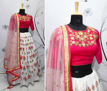 white silk multicolored threadwork embroidered festival wear lehenga