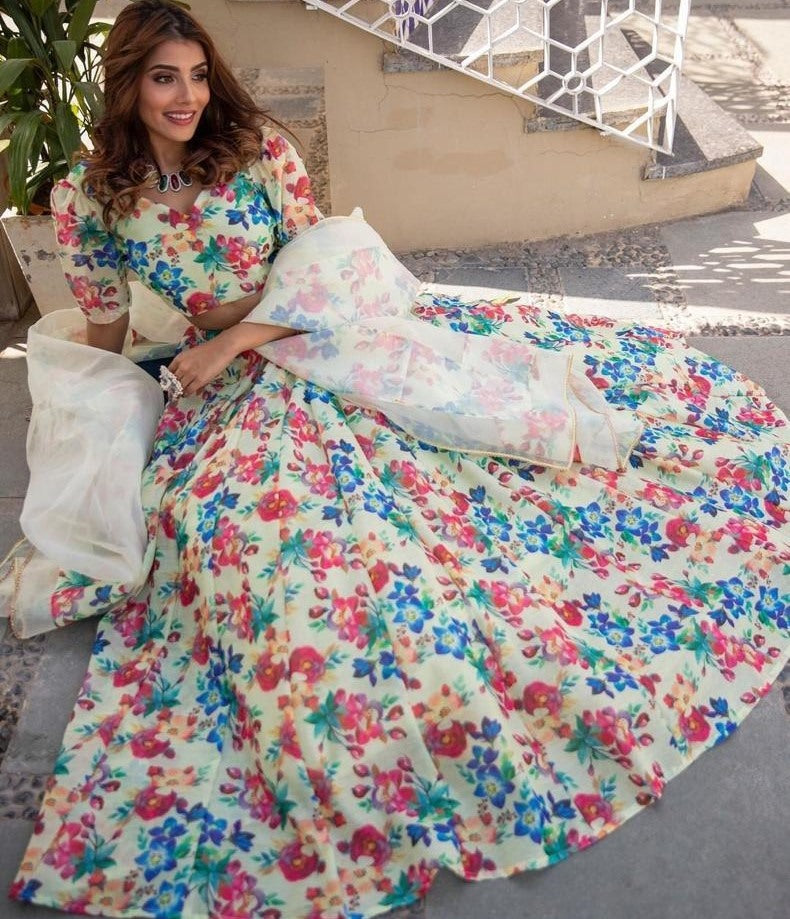 White silk multicolour flower printed party wear lehenga choli