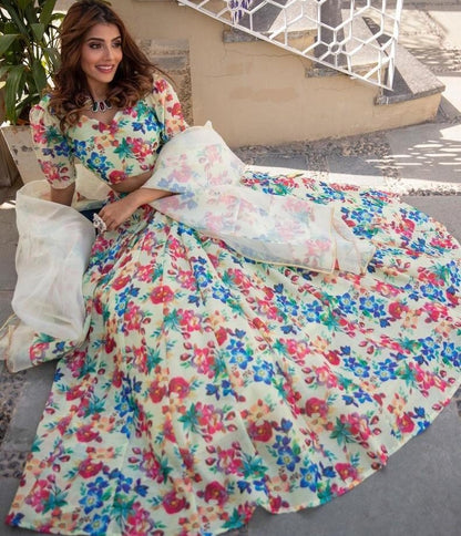 White silk multicolour flower printed party wear lehenga choli