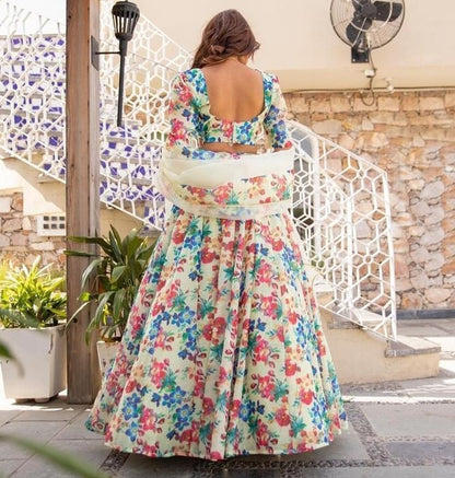 White silk multicolour flower printed party wear lehenga choli