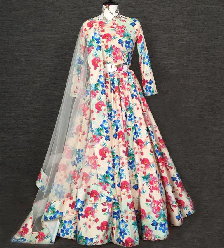 White silk multicolour flower printed party wear lehenga choli