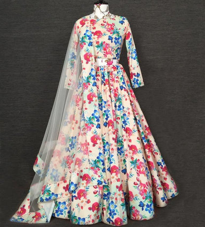 White silk multicolour flower printed party wear lehenga choli