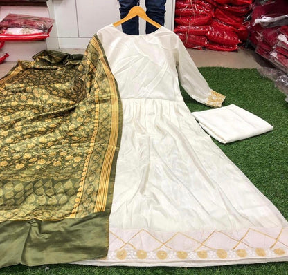 White silk plain anarkali suit with printed green dupatta