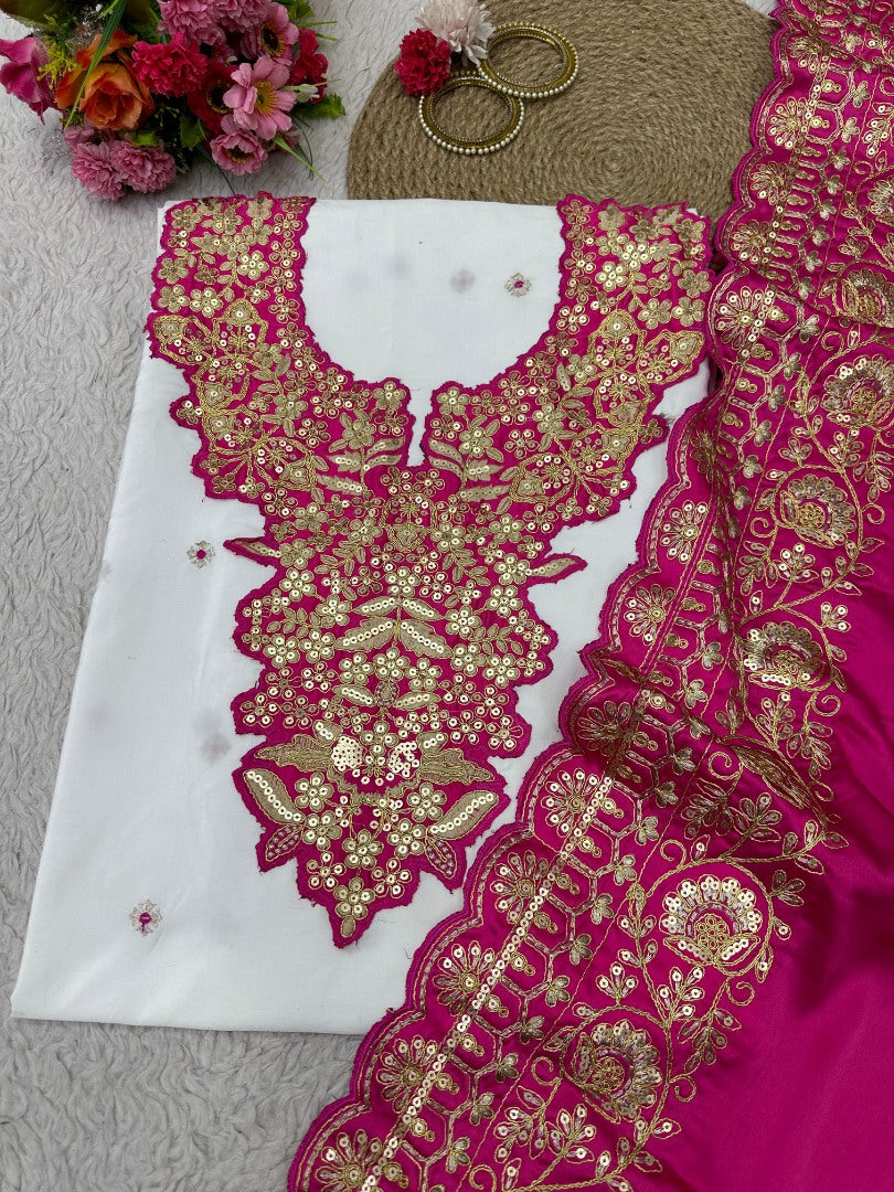 White silk unstitched wedding salwar suit