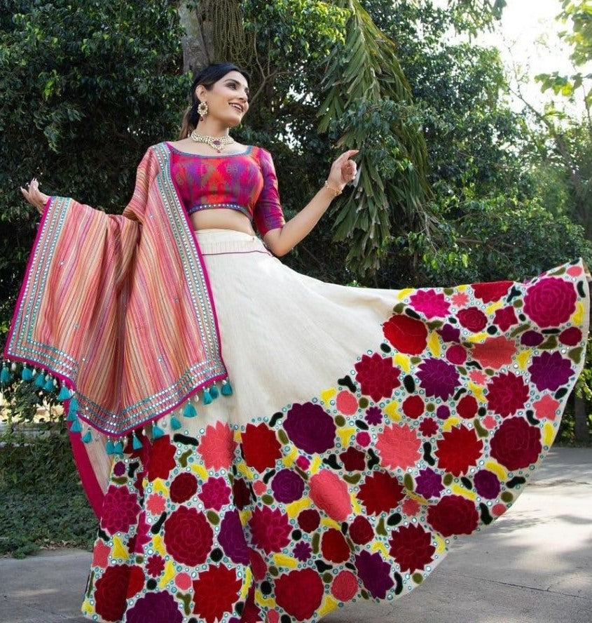 White slub cotton heavy chain stitch embroidery work festival lehenga choli