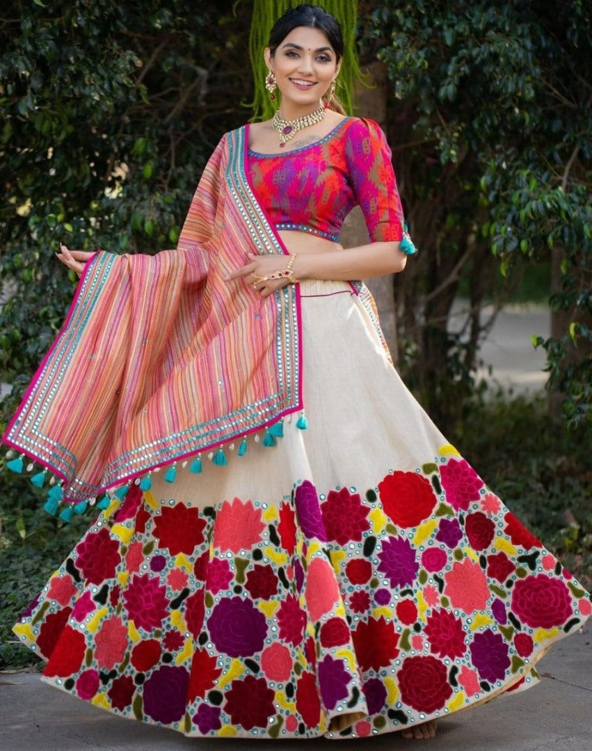 White slub cotton heavy chain stitch embroidery work festival lehenga choli