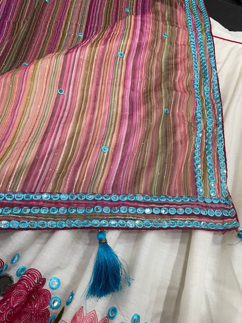 White slub cotton heavy chain stitch embroidery work festival lehenga choli