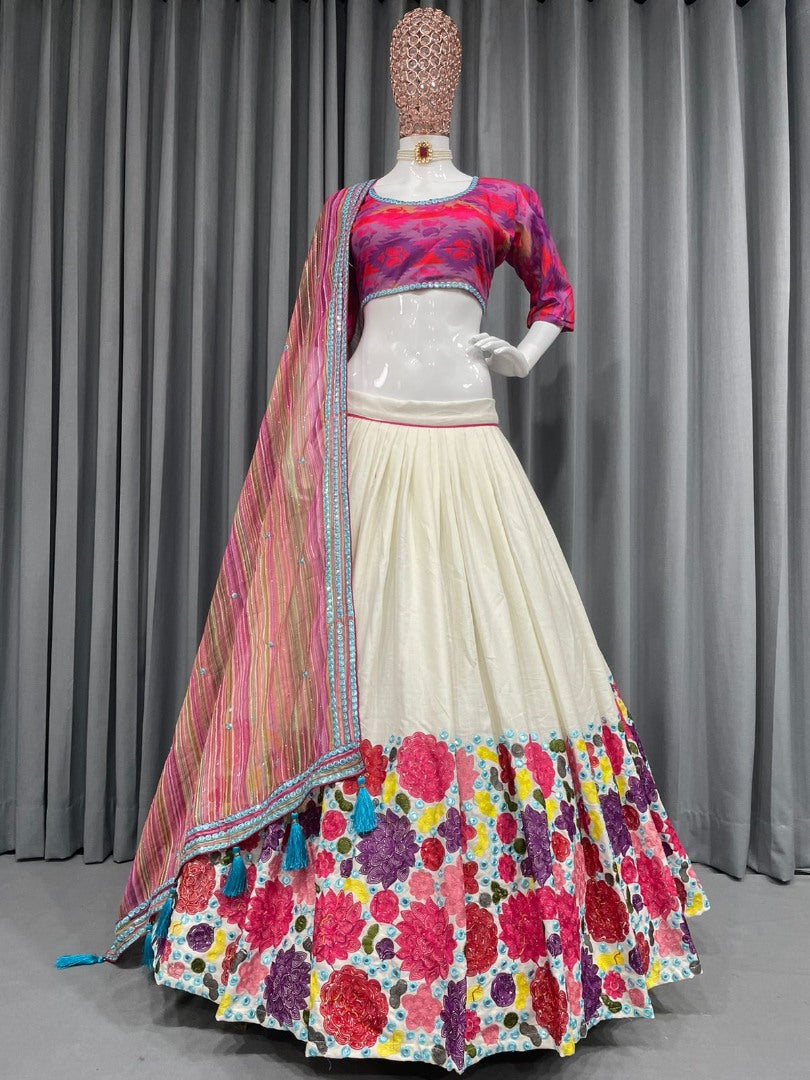 White slub cotton heavy chain stitch embroidery work festival lehenga choli