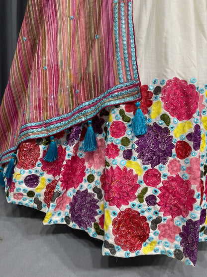White slub cotton heavy chain stitch embroidery work festival lehenga choli
