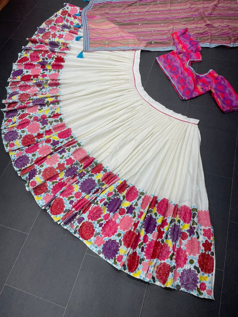 White slub cotton heavy chain stitch embroidery work festival lehenga choli