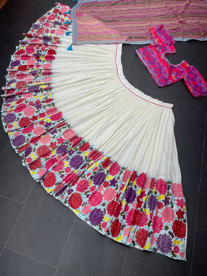 White slub cotton heavy chain stitch embroidery work festival lehenga choli