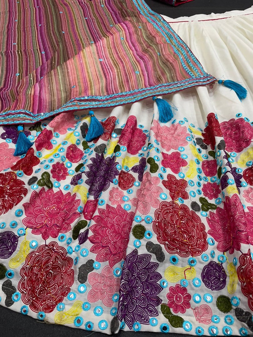 White slub cotton heavy chain stitch embroidery work festival lehenga choli