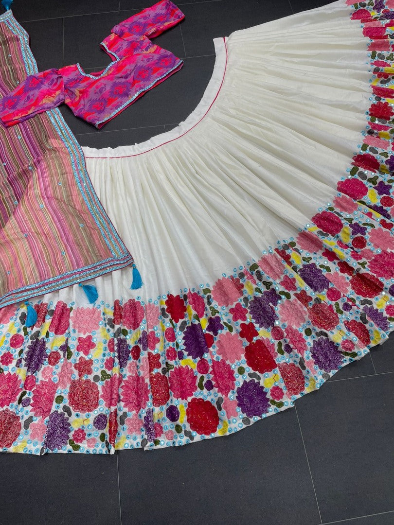 White slub cotton heavy chain stitch embroidery work festival lehenga choli