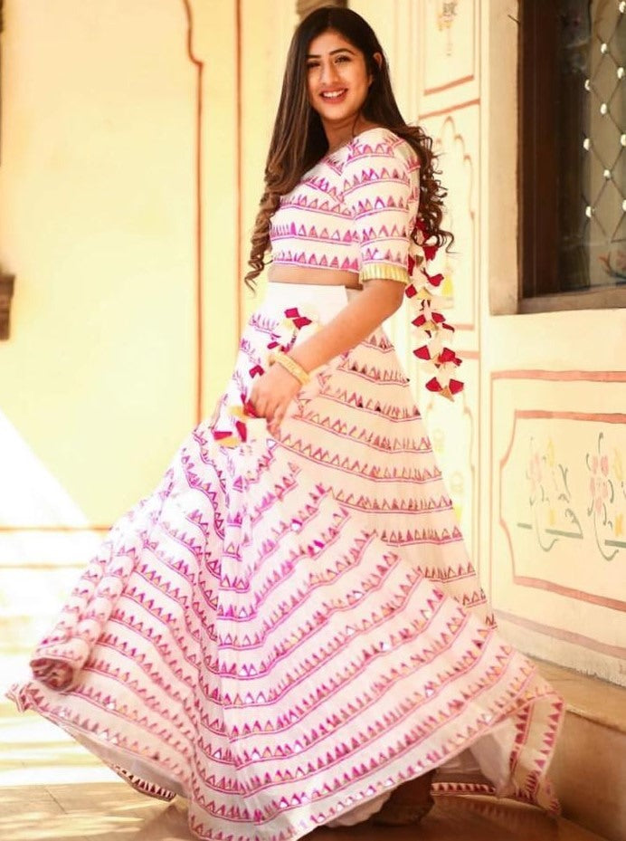 White soft butter silk digital printed mirror work lehenga choli