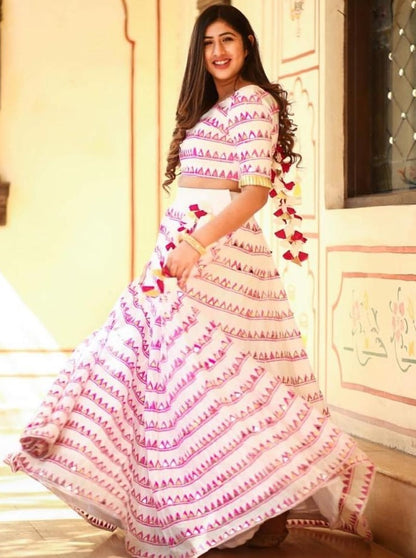 White soft butter silk digital printed mirror work lehenga choli