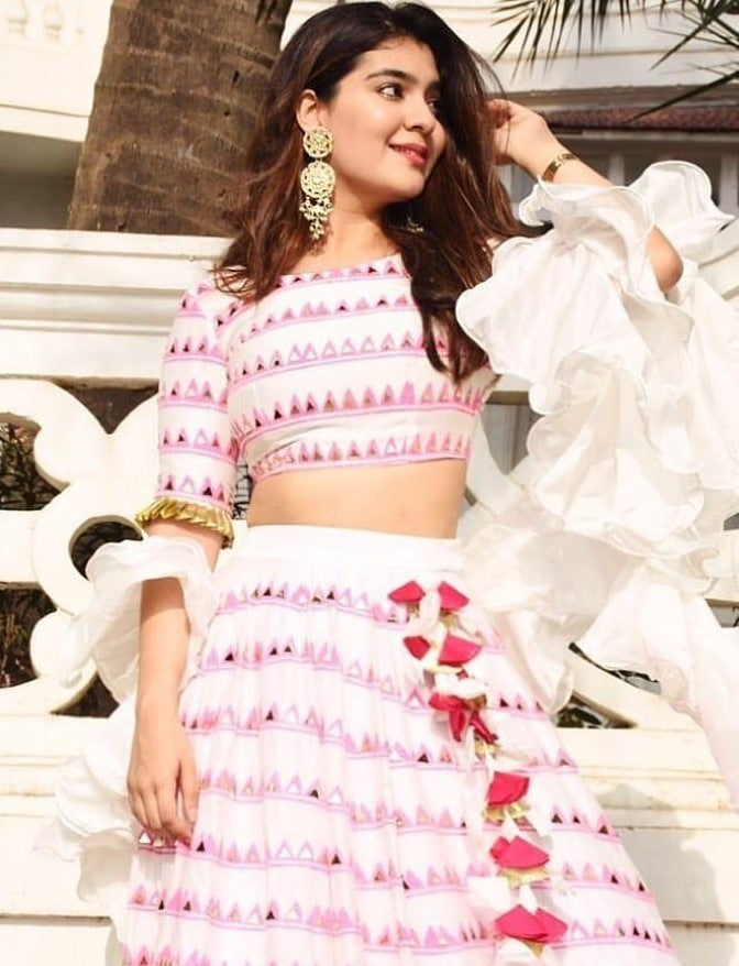 White soft butter silk digital printed mirror work lehenga choli