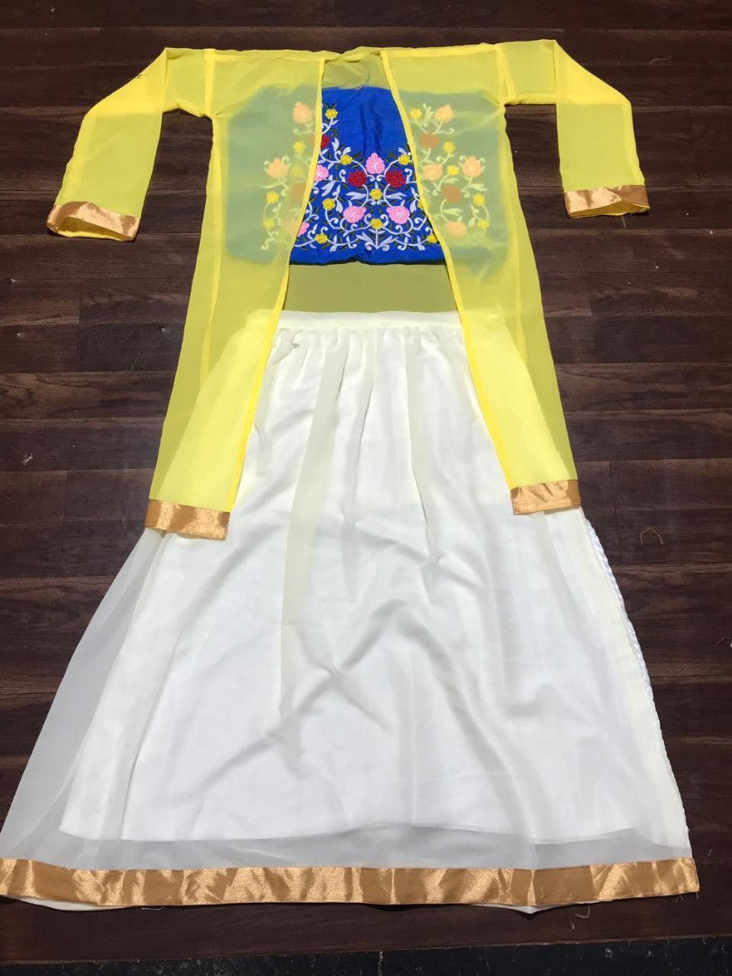 white soft georgette indowestern lehenga with shrug and embroidered blouse