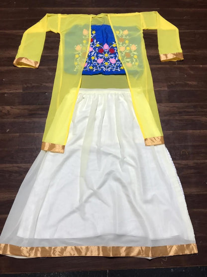 white soft georgette indowestern lehenga with shrug and embroidered blouse