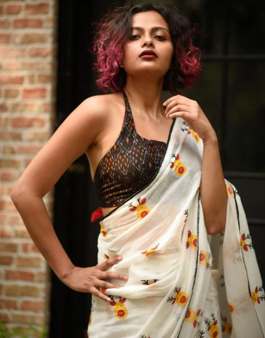 White soft lien digital printed work saree