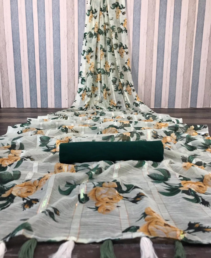 White soft linen zari weaving digital printed work saree