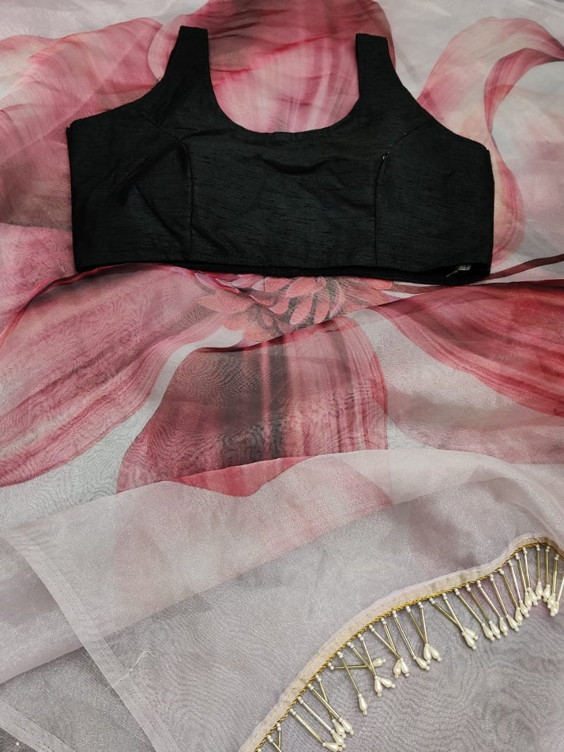 White soft organza fancy jhalar and printed work saree