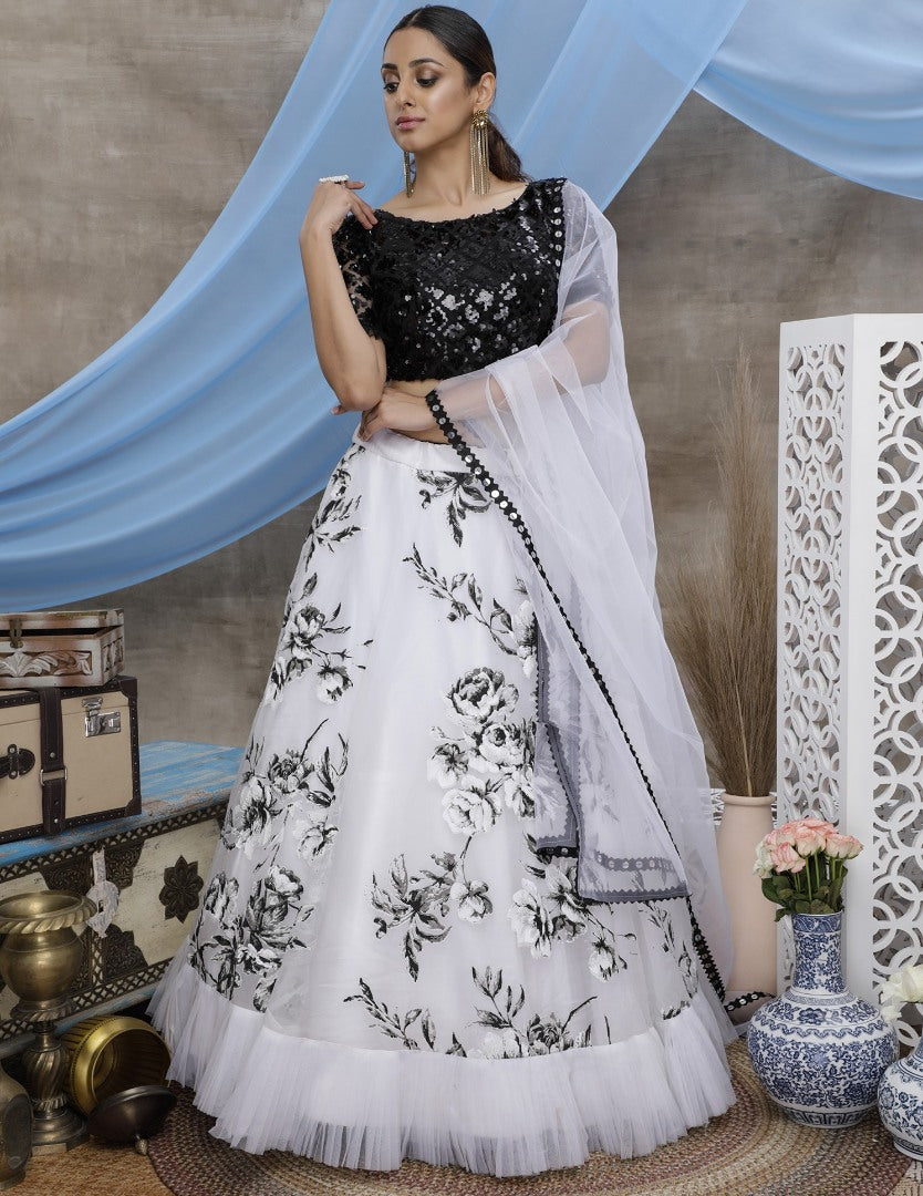 White soft organza multi color block printed part wear lehenga choli