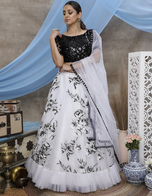 White soft organza multi color block printed part wear lehenga choli