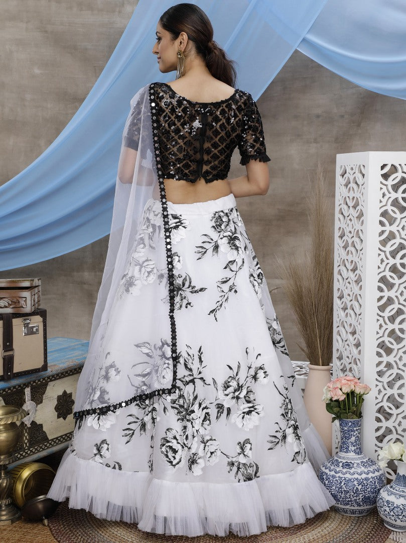 White soft organza multi color block printed part wear lehenga choli