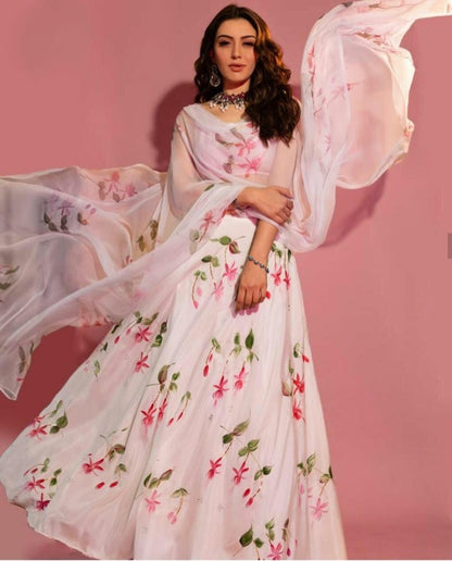 White soft silk digital printed lehenga choli for ceremony