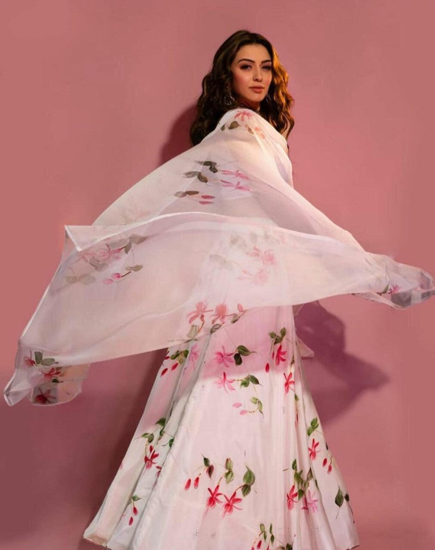 White soft silk digital printed lehenga choli for ceremony