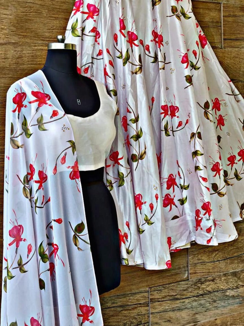 White soft silk digital printed lehenga choli for ceremony
