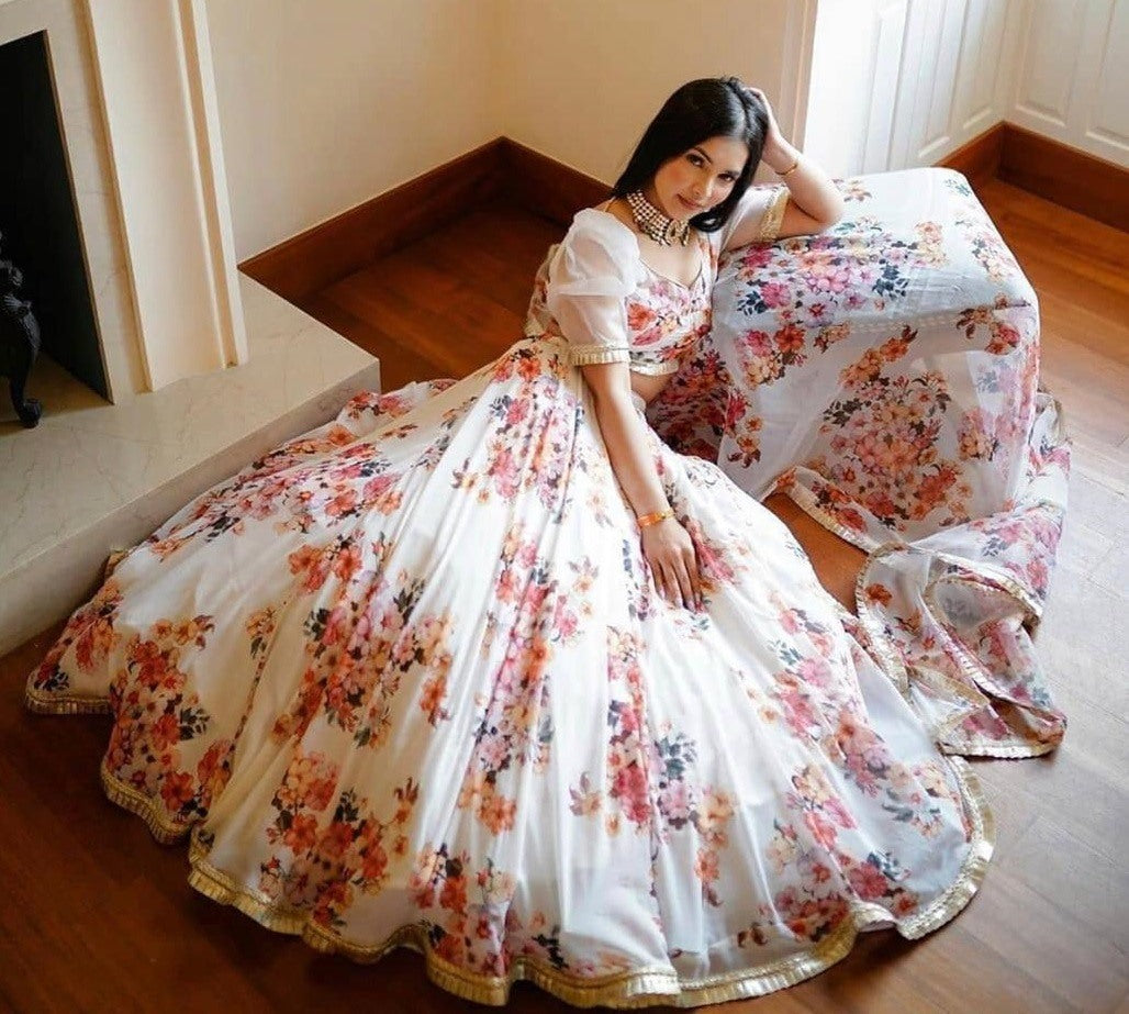 White soft silk floral digital printed lehenga choli