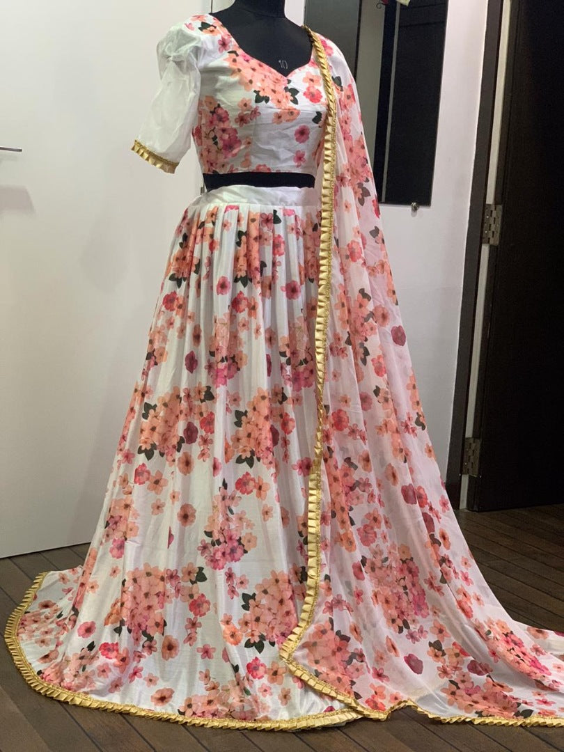 White soft silk floral digital printed lehenga choli