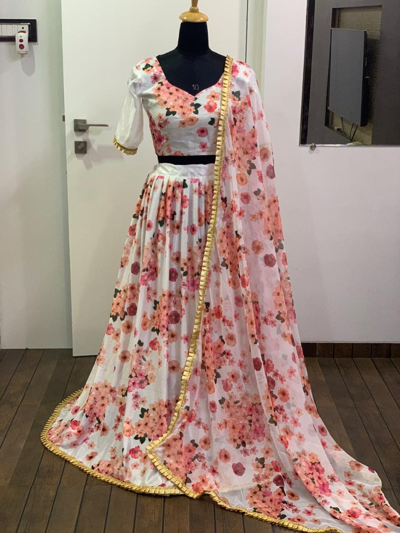 White soft silk floral digital printed lehenga choli