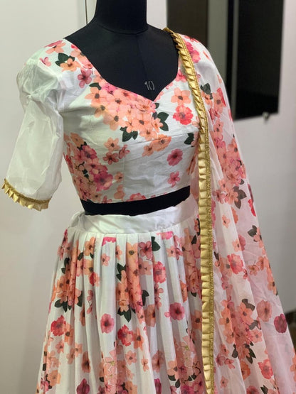 White soft silk floral digital printed lehenga choli